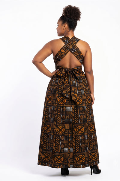Vestido largo africano Infinity Multiway - Abertura ajustable - Negro Naranja Bogolan Spirit