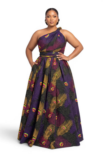 Vestido largo africano Infinity Multiway - Abertura ajustable - Morado Amarillo Royal Peacock