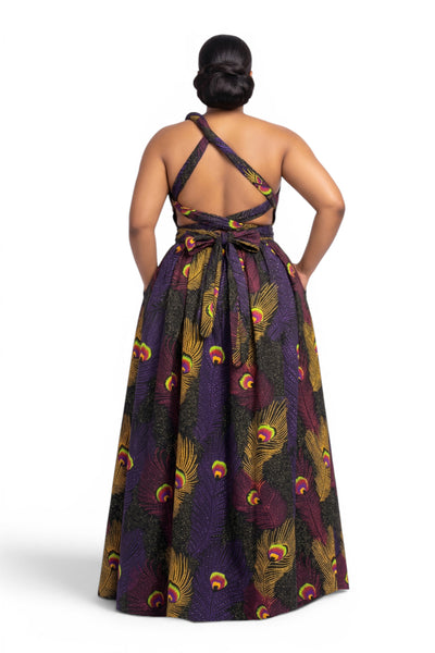 Vestido largo africano Infinity Multiway - Abertura ajustable - Morado Amarillo Royal Peacock