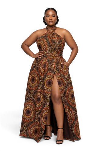 Vestido largo africano Infinity Multiway - Abertura ajustable - Marrón Savanna Sun