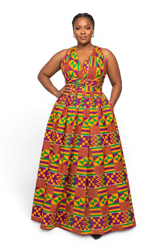 Vestido largo africano Infinity Multiway - Abertura ajustable - Morado Verde Kente Royale