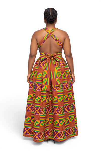 Vestido largo africano Infinity Multiway - Abertura ajustable - Morado Verde Kente Royale