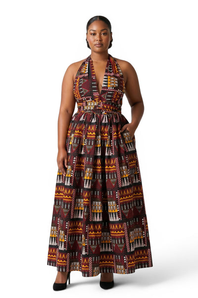 Vestido largo africano Infinity Multiway - Abertura ajustable - Marrón Naranja Earth Heritage