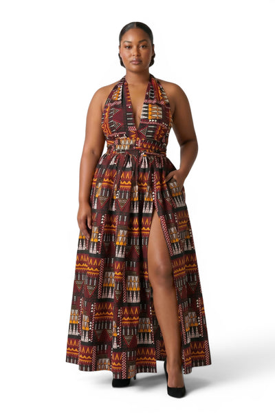 African Print Infinity Multiway Maxi Dress - Adjustable Slit - Brown Orange Earth Heritage