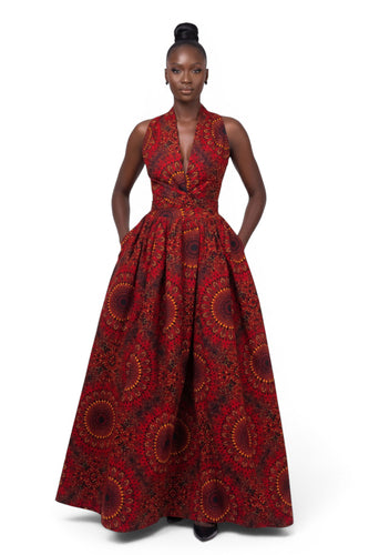 Vestido largo africano Infinity Multiway - Abertura ajustable - Rojo Sunfire Bloom