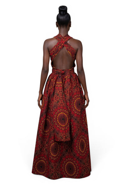 Vestido largo africano Infinity Multiway - Abertura ajustable - Rojo Sunfire Bloom