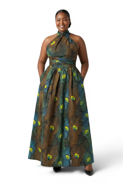 Vestido largo africano Infinity Multiway - Abertura ajustable - Verde azulado Marrón Peacock Majesty