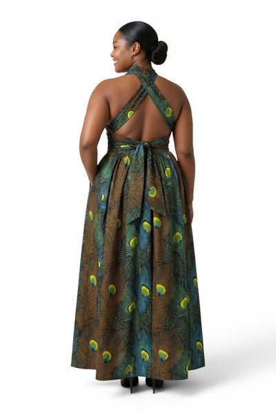 Vestido largo africano Infinity Multiway - Abertura ajustable - Verde azulado Marrón Peacock Majesty
