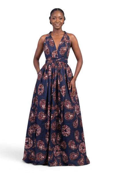 Vestido largo africano Infinity Multiway - Abertura ajustable - Azul Marrón Sahara Paisley