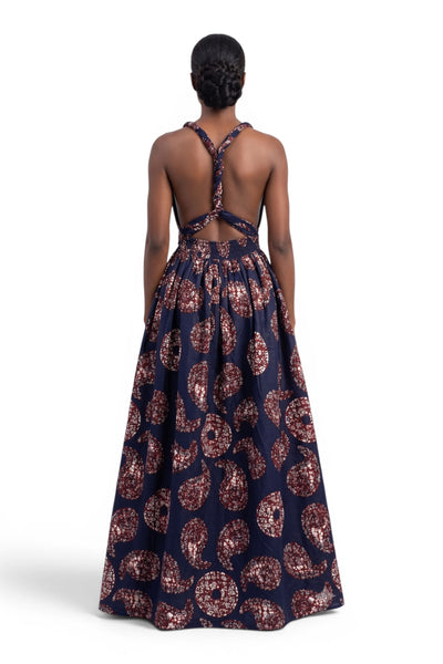 Vestido largo africano Infinity Multiway - Abertura ajustable - Azul Marrón Sahara Paisley