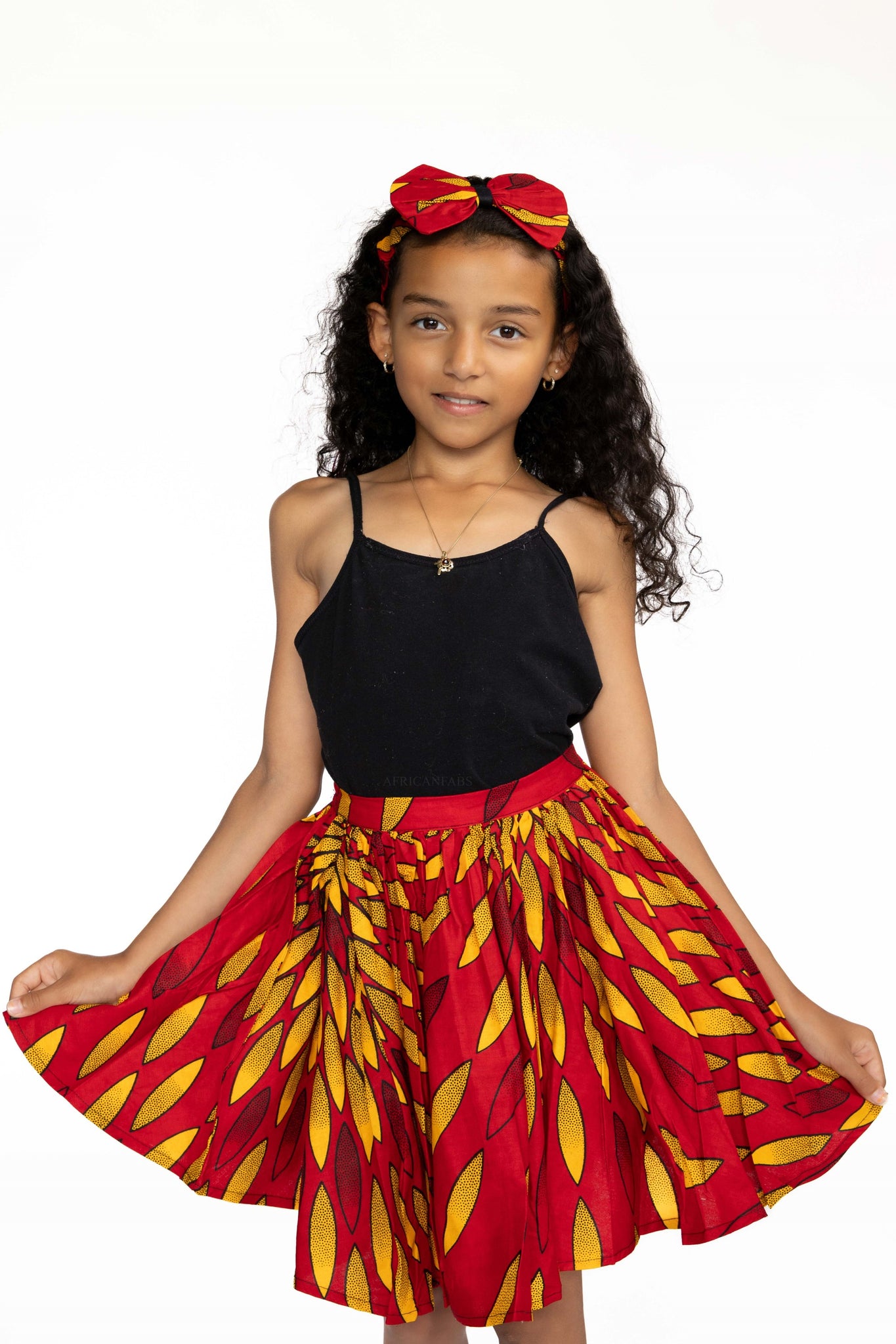 Conjunto Falda + Diadema con Lazo Estampado Africano - Rojo Sunburst ( 1 - 10 años )