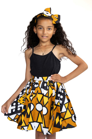 Conjunto Falda + Diadema con Lazo Estampado Africano - Amarillo Mostaza Samakaka ( 1 - 10 años )