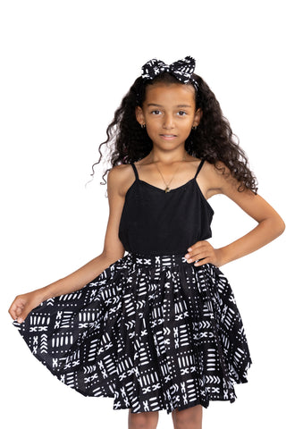 Conjunto falda + diadema con lazo estampado africano - Bogolan negro / blanco ( 1 - 10 años )
