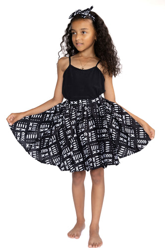 Conjunto falda + diadema con lazo estampado africano - Bogolan negro / blanco ( 1 - 10 años )