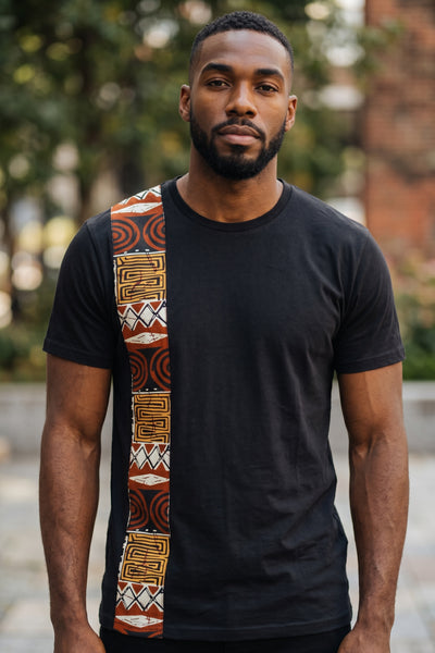 Camiseta con detalles de estampado africano - banda Mosaico Bogolan marrón