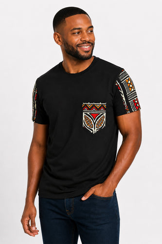 Camiseta con detalles de estampado africano - Rojo Bogolan Symbols Pocket