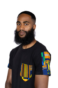 Camiseta con detalles de estampado africano - Bolsillo kente azul / naranja