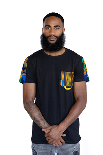 Camiseta con detalles de estampado africano - Bolsillo kente azul / naranja