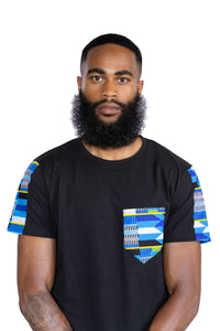 Camiseta con detalles de estampado africano - Bolsillo azul Kente