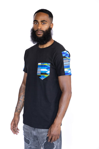 Camiseta con detalles de estampado africano - Bolsillo azul Kente
