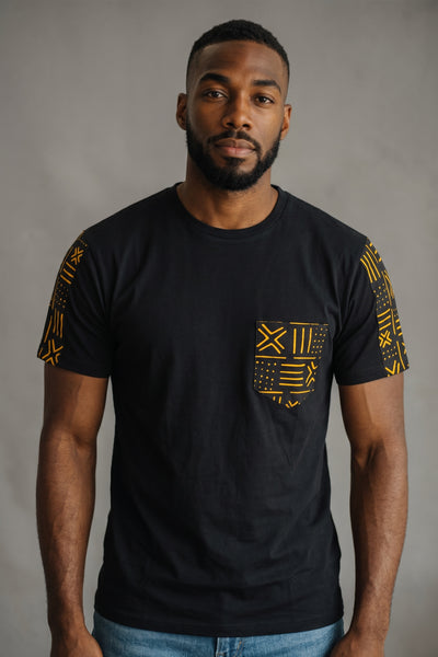 Camiseta con detalles de estampado africano - Bolsillo Bogolan amarillo
