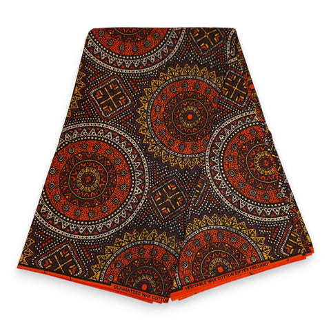 African Wax print fabric - Orange and Brown Sacred Circle Patterns - 100% cotton