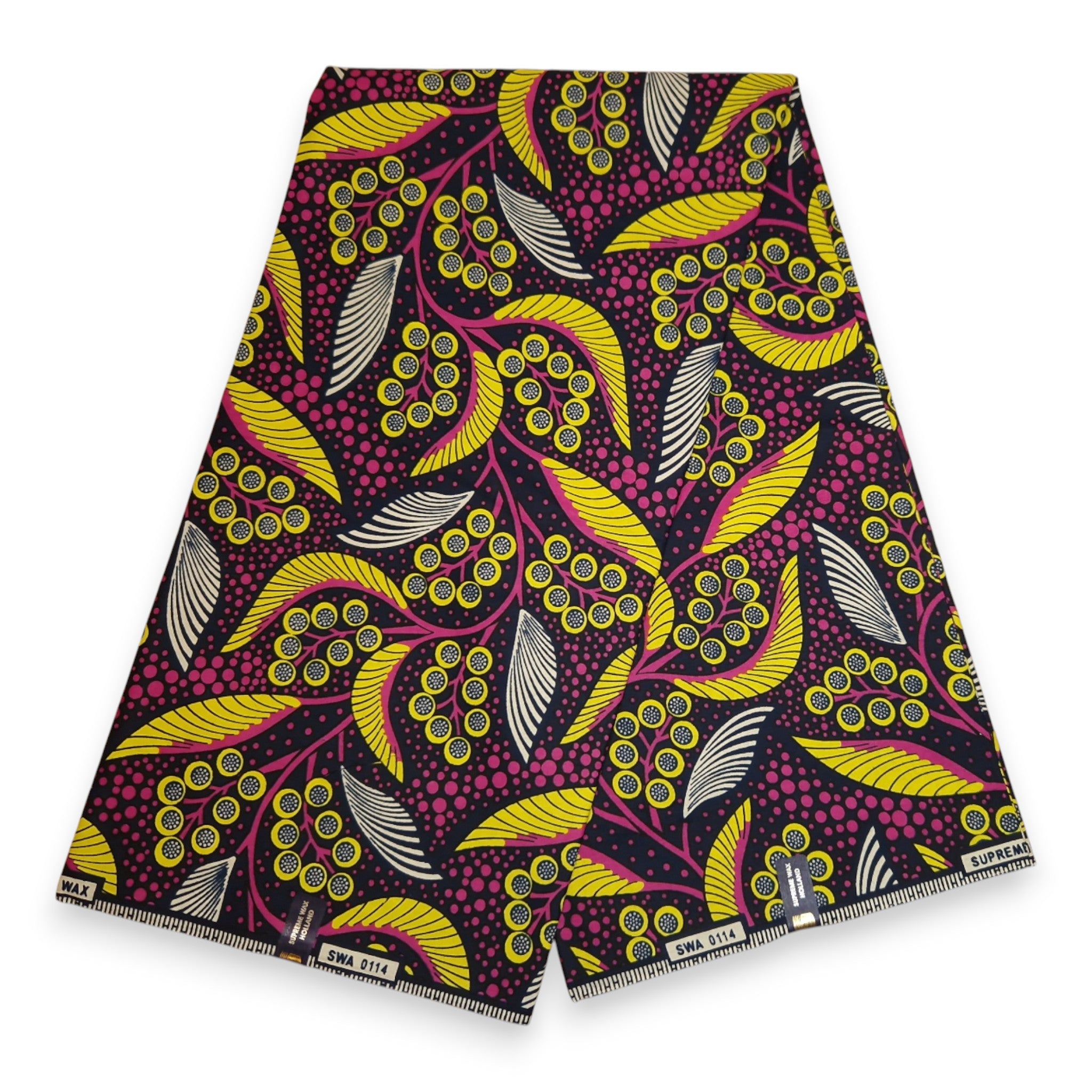 Tela estampada Wax Africana - Rosa Amarillo Leaves - 100 % algodón