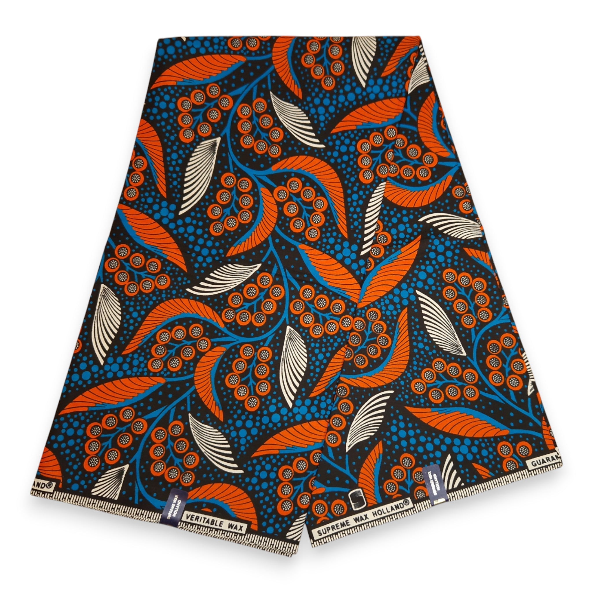 African Wax print fabric - Blue and Orange Leaves And Berries - 100% cotton