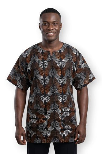 Marrón Blanco Wave Pattern Dashiki Shirt / Dashiki Dress - Top con estampado africano - Unisex