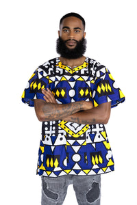 Azul Amarillo Samakaka Dashiki Shirt / Dashiki Dress - Top con estampado africano - Unisex
