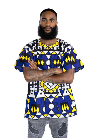 Azul Amarillo Samakaka Dashiki Shirt / Dashiki Dress - Top con estampado africano - Unisex