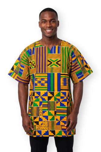 Amarillo Azul Kente Blocks Dashiki Shirt / Dashiki Dress - Top con estampado africano - Unisex