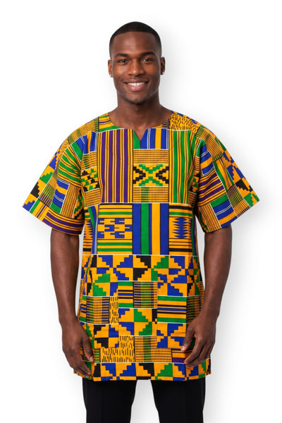 Amarillo Azul Kente Blocks Dashiki Shirt / Dashiki Dress - Top con estampado africano - Unisex