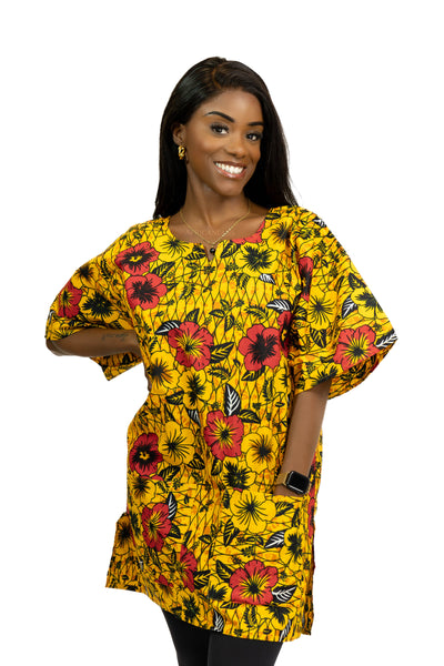 Amarillo Flowers Shirt / Dashiki Dress - Top con estampado africano - Unisex