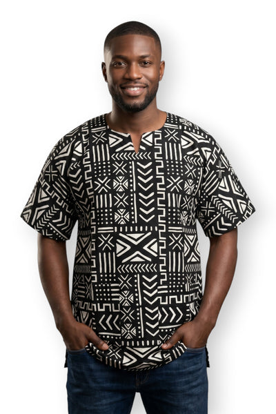 Negro Blanco Bogolan Symbols Dashiki Shirt / Dashiki Dress - Top con estampado africano - Unisex