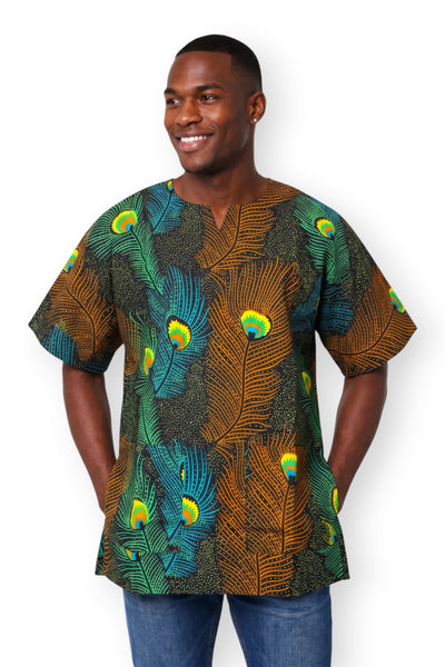 Marrón Verde azulado Peacock Feather Dashiki Shirt / Dashiki Dress - Top con estampado africano - Unisex