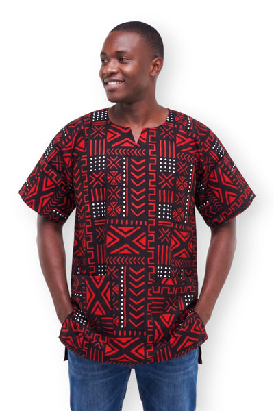 Rojo Negro Bogolan Symbols Dashiki Shirt / Dashiki Dress - Top con estampado africano - Unisex