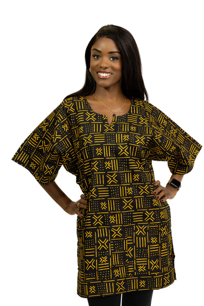 Negro / Amarillo X Bogolan Shirt / Dashiki Dress - Top con estampado africano - Unisex