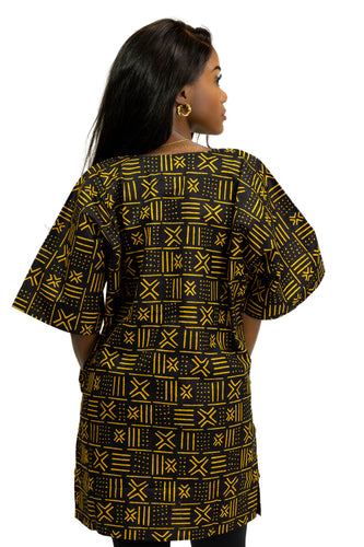 Negro / Amarillo X Bogolan Shirt / Dashiki Dress - Top con estampado africano - Unisex