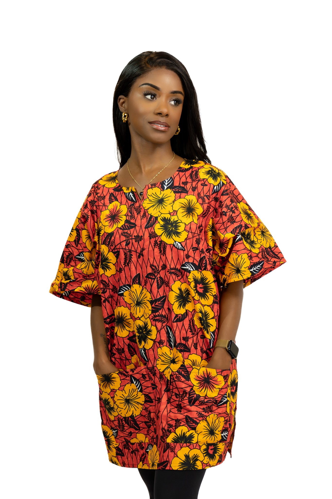 Rojo Flowers Shirt / Dashiki Dress - Top con estampado africano - Unisex