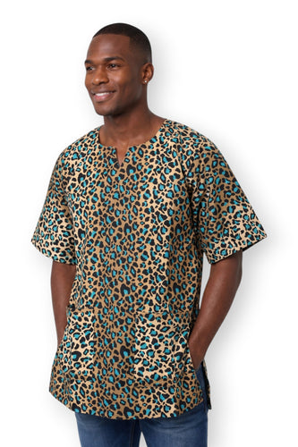 Beige Turquesa Leopard Spots Dashiki Shirt / Dashiki Dress - Top con estampado africano - Unisex