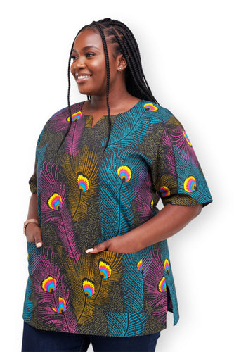 Rosa Azul Peacock Feather Dashiki Shirt / Dashiki Dress - Top con estampado africano - Unisex