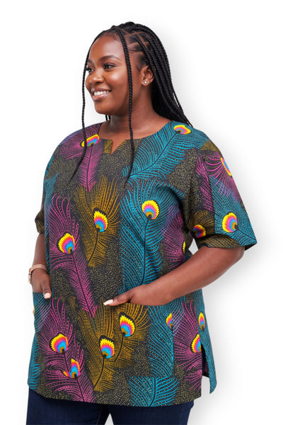Rosa Azul Peacock Feather Dashiki Shirt / Dashiki Dress - Top con estampado africano - Unisex