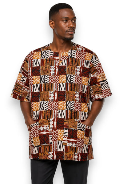 Marrón Bogolan Mosaic Dashiki Shirt / Dashiki Dress - Top con estampado africano - Unisex