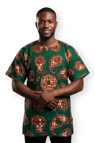 Verde Marrón Paisley Sun Dashiki Shirt / Dashiki Dress - Top con estampado africano - Unisex