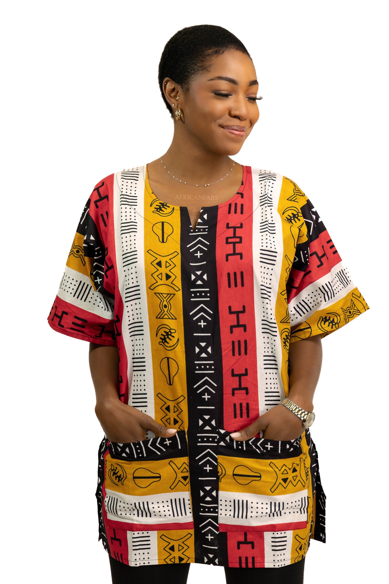 Rojo Bogolan Symbols Shirt / Dashiki Dress - Top con estampado africano - Unisex