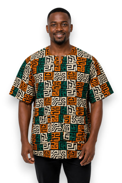 Verde azulado & Amarillo anaranjado Kuba Blocks Dashiki Shirt / Dashiki Dress - Top con estampado africano - Unisex