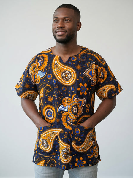 Azul marino Amarillo Paisley Dashiki Shirt / Dashiki Dress - Top con estampado africano - Unisex