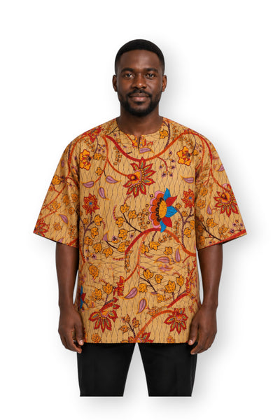 Beige & Naranja Botanical Flow Dashiki Shirt / Dashiki Dress - Top con estampado africano - Unisex