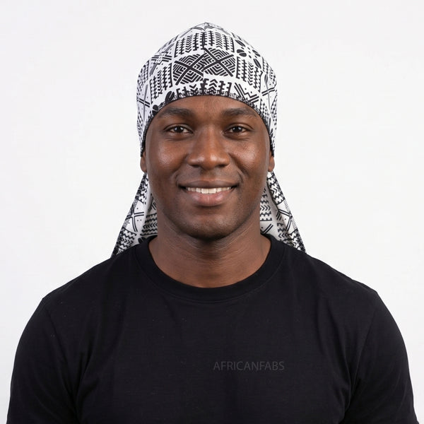Durag / Du-rag / Do-rag / Bandana - Unisex - Blanco y Negro Bogolan